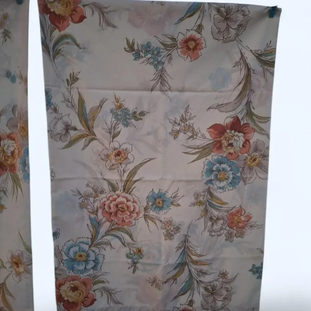1970s JcPenny’s Cream, Peachy Rust & Blue Floral Print Twin, Fitted, Bed Sheet.